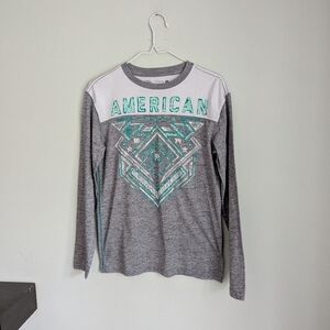 American Fighter Kids Boys Large Long Sleeve T-shirt Gray White Turquoise 49